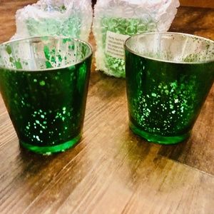 Set of 2 Green Mercury Glass Candle Holders for Votives, Tealights, Christmas